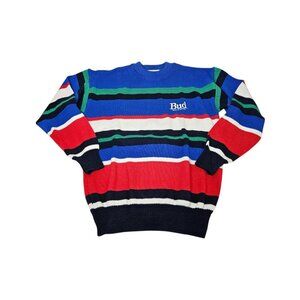 VTG Bud King of Beers Budweiser Beer Colorful Striped Sweater Men's Medium NWOT